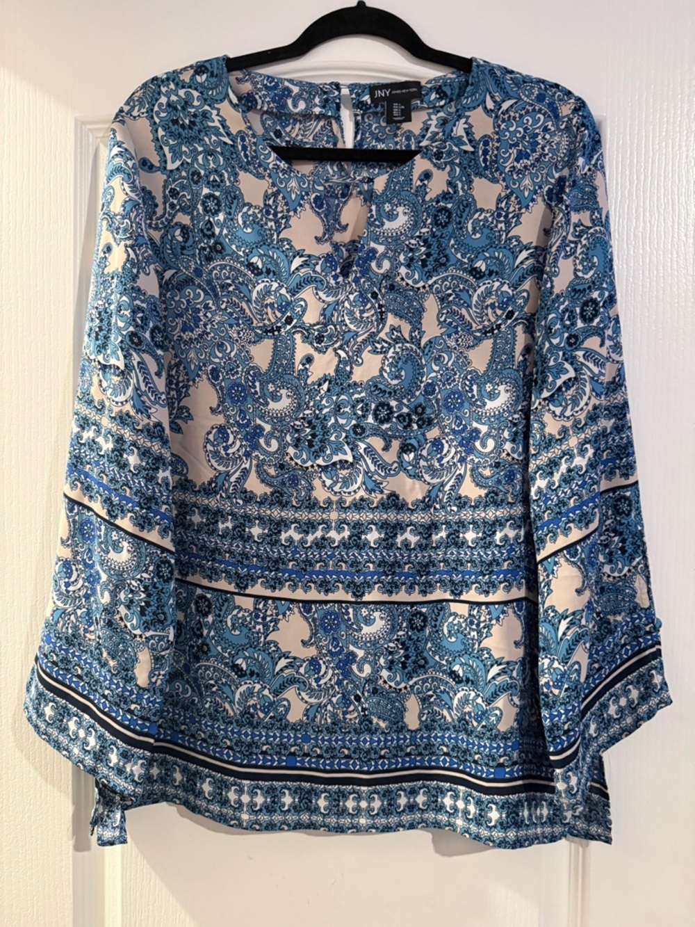 Jones New York JNY Blue Paisley Border Print Blouse Women's Size L Keyhole Neck
